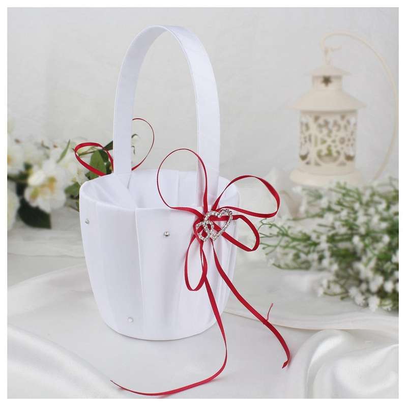 4x Double Heart Basket White Satin Rhinestone Decor Red Wedding Party