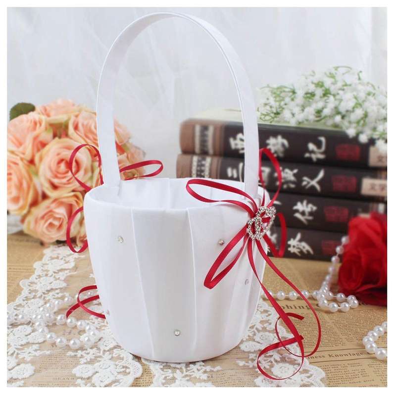 4x Double Heart Basket White Satin Rhinestone Decor Red Wedding Party