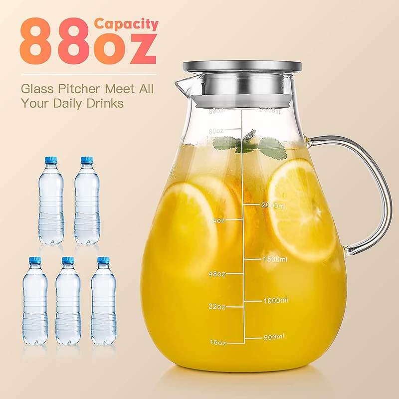 Glass Pitcher with Lid, 88oz Glass Water Pitcher with Ice Tray