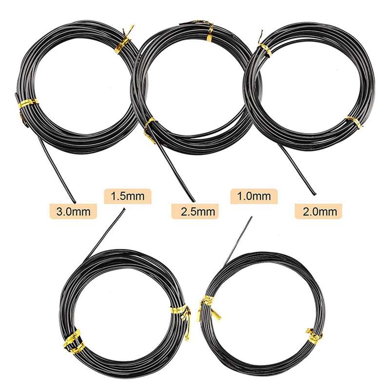 10 Rolls Anodized Aluminum Bonsai Training Wire In 5 Sizes - Black