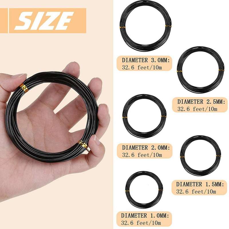 10 Rolls Anodized Aluminum Bonsai Training Wire In 5 Sizes - Black