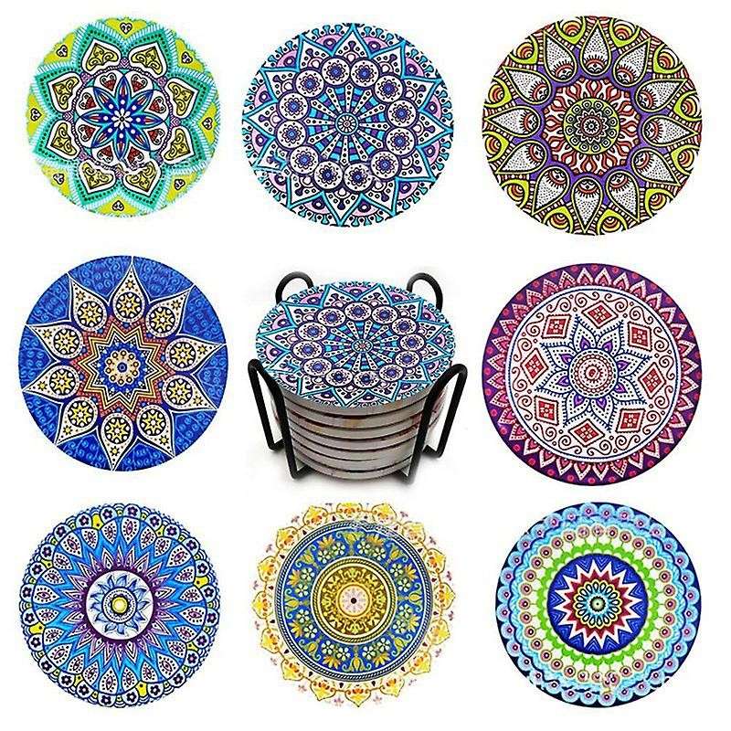 8 Pcs Absorbent Ceramic Stone Coaster with Cork Base