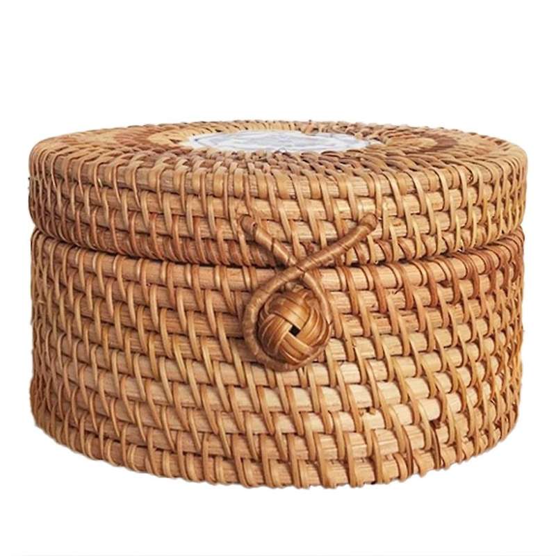Handwoven Rattan Storage Box with Lid Wicker Fruit Cake Basket A