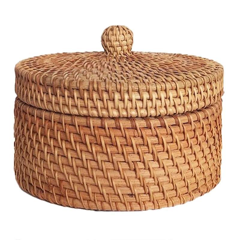 Handwoven Rattan Storage Box with Lid Wicker Fruit Cake Basket B