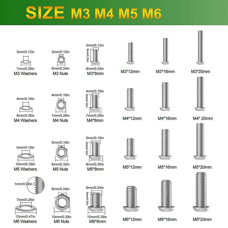 544 Piece Threaded Machine Screws, Bolts and Nuts Set M3 M4 M5 M6