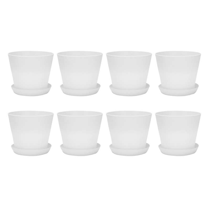 8x Plastic Plant Flower Pot with Tray Round White Upper Caliber 17cm