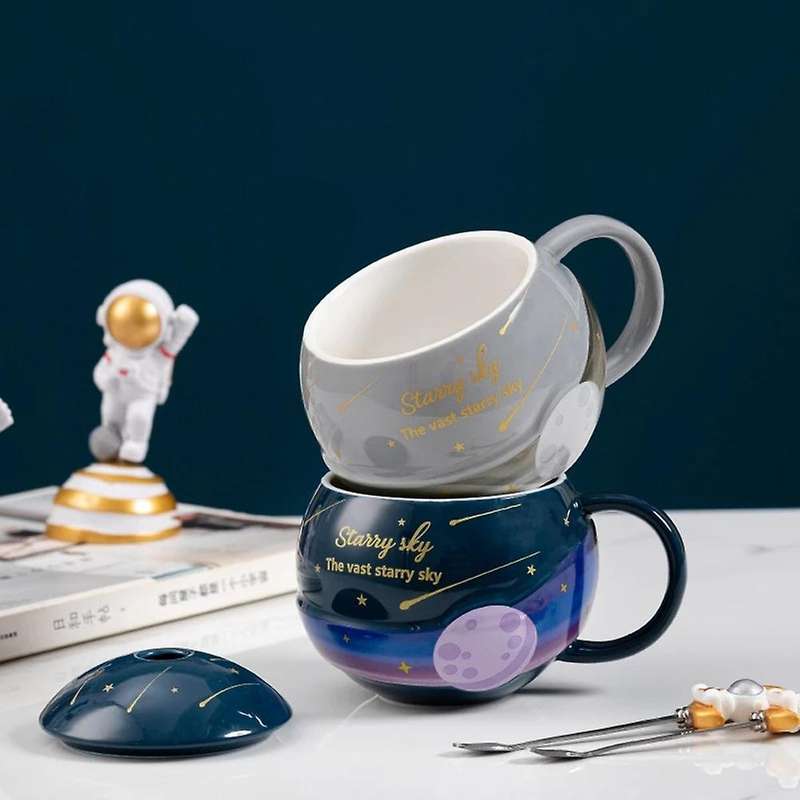 Kids Ceramic Mugs 420ml Planet Tea Cup with Lid Astronaut Mug -1