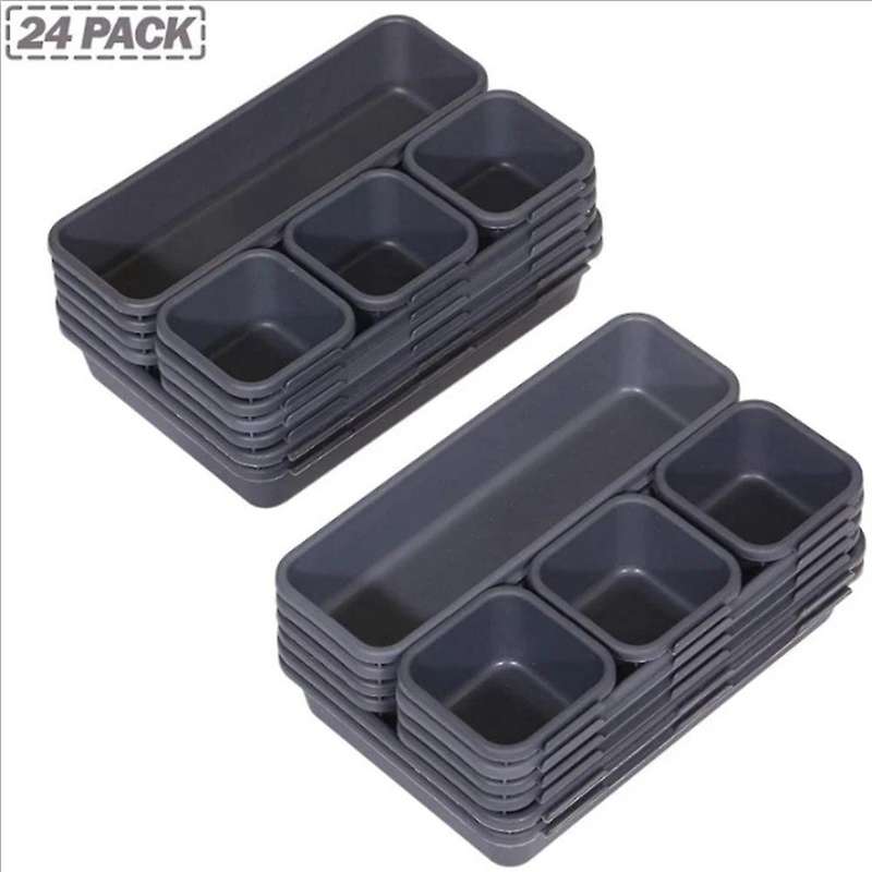 Desk Drawer Organizer Trays with 3-size Black Plastic Storage Boxes