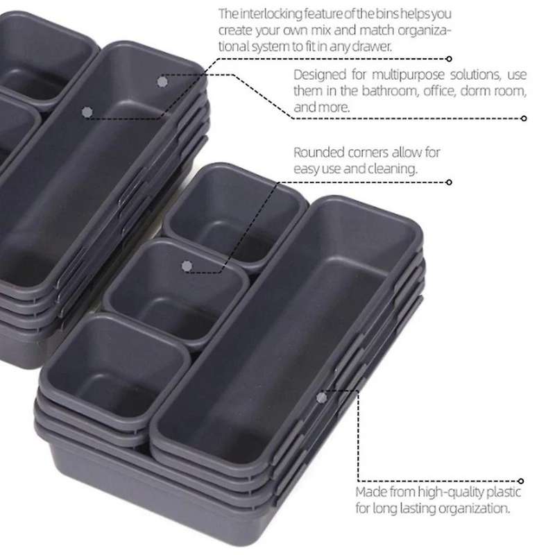 Desk Drawer Organizer Trays with 3-size Black Plastic Storage Boxes