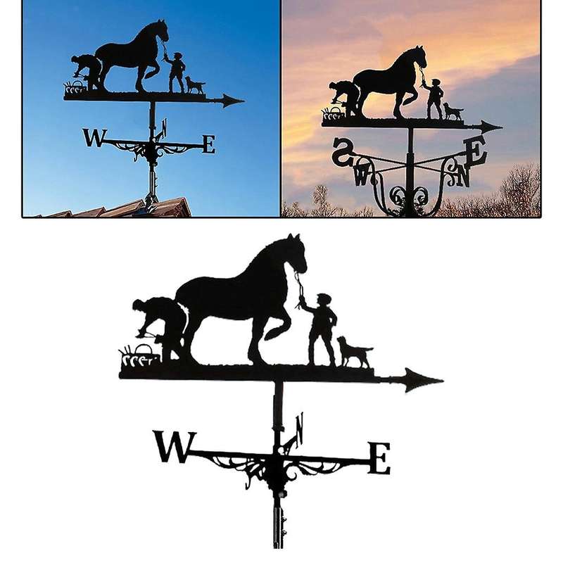 Metal Weathervane Farmer and Horse Mount Wind Direction Indicator