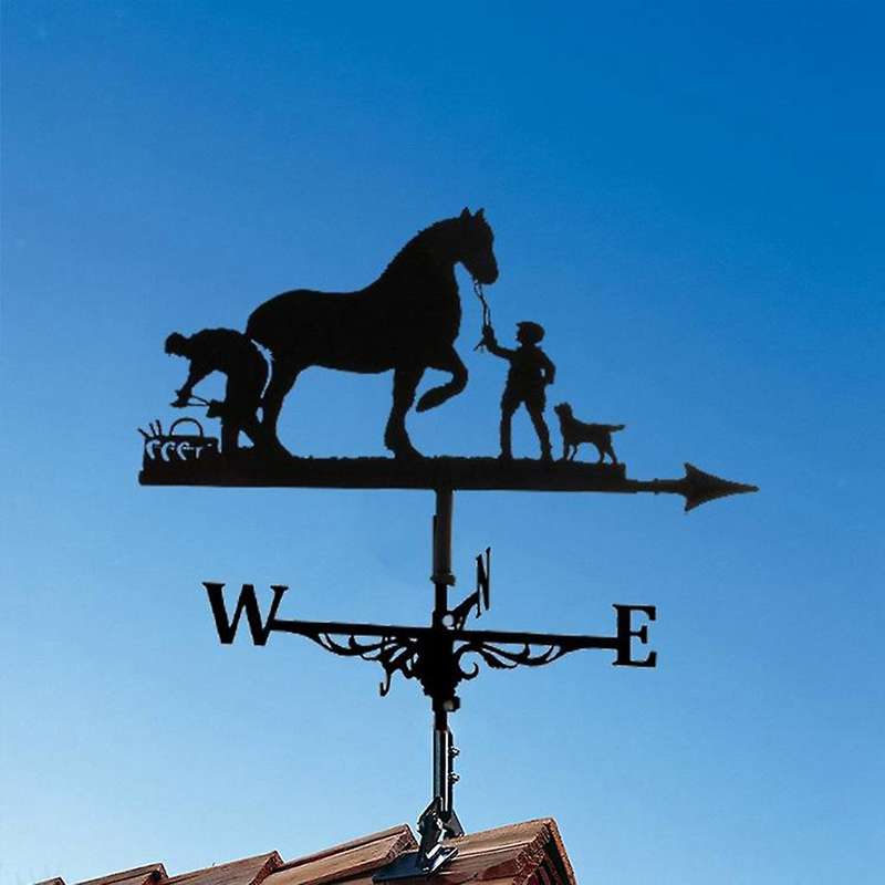 Metal Weathervane Farmer and Horse Mount Wind Direction Indicator