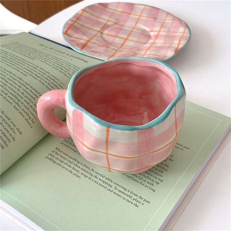 Pink Plaid Ceramic Coffee Cup Set Irregular Home Breakfast Milk Cup