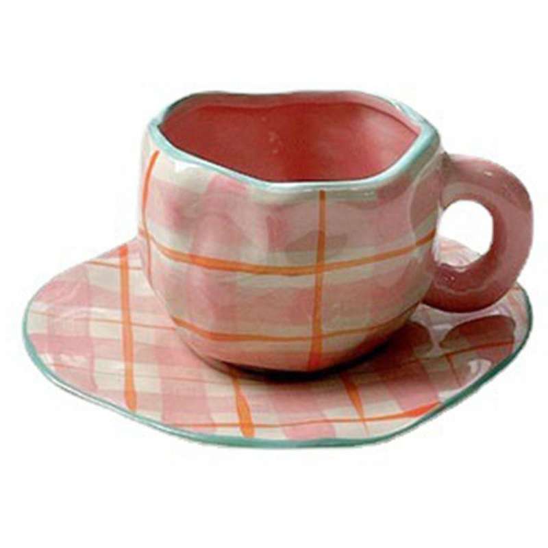 Pink Plaid Ceramic Coffee Cup Set Irregular Home Breakfast Milk Cup