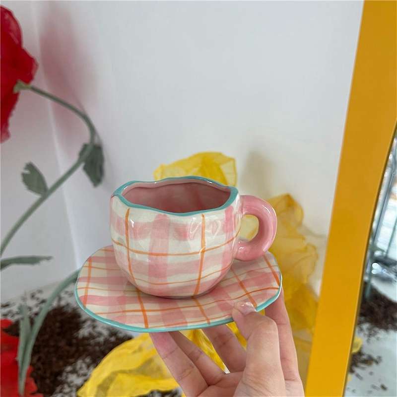 Pink Plaid Ceramic Coffee Cup Set Irregular Home Breakfast Milk Cup