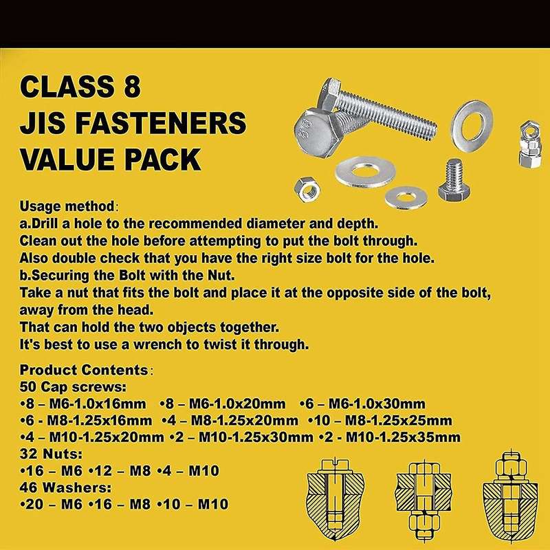 Hex Bolt M6 M8 M10 and Hexagon Nut and Washer Set, 128 Pieces