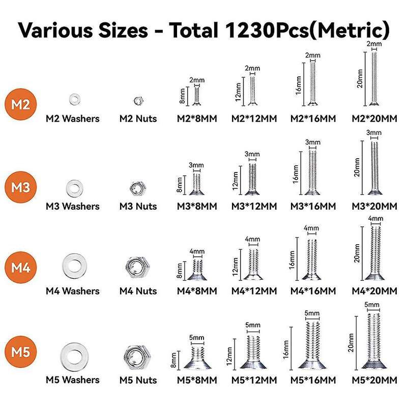1230pcs M2 M3 M4 M5 304 Stainless Steel Screw Bolt Assortment Set