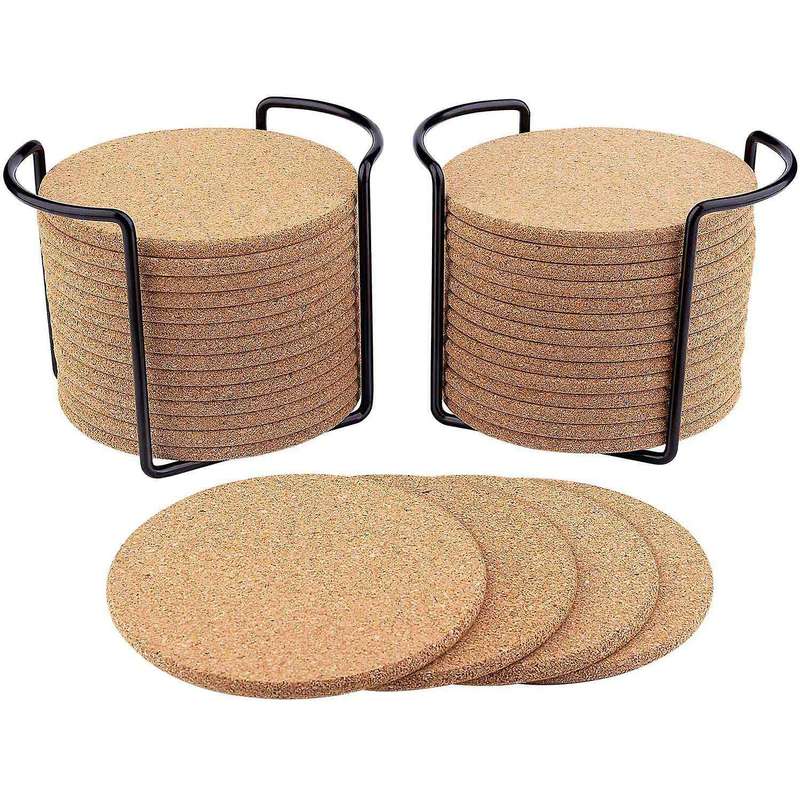 Cork Coasters for Drinks with Metal Holder,natural Cork Coaster Set