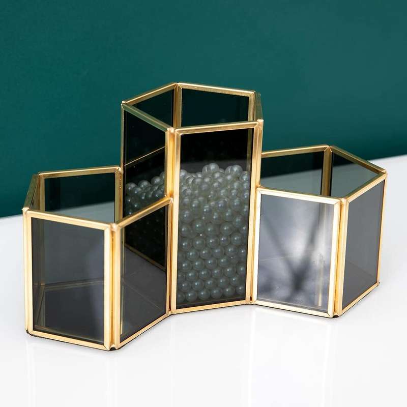 Cosmetic Organizer Holder 3 Slots Brass and Glass Makeup Brush Holder