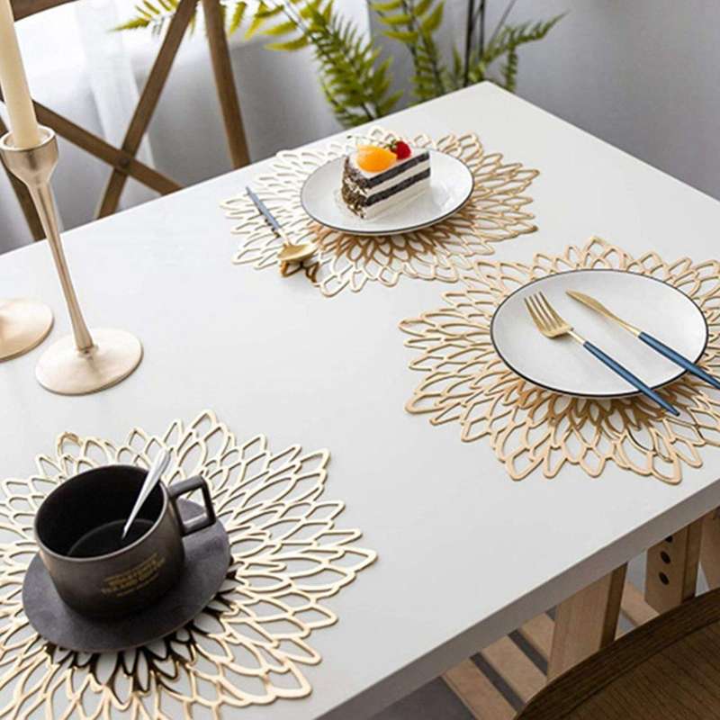 12pcs Pvc Placemat for Dining Table Hollow Pad Coaster Pads Silver