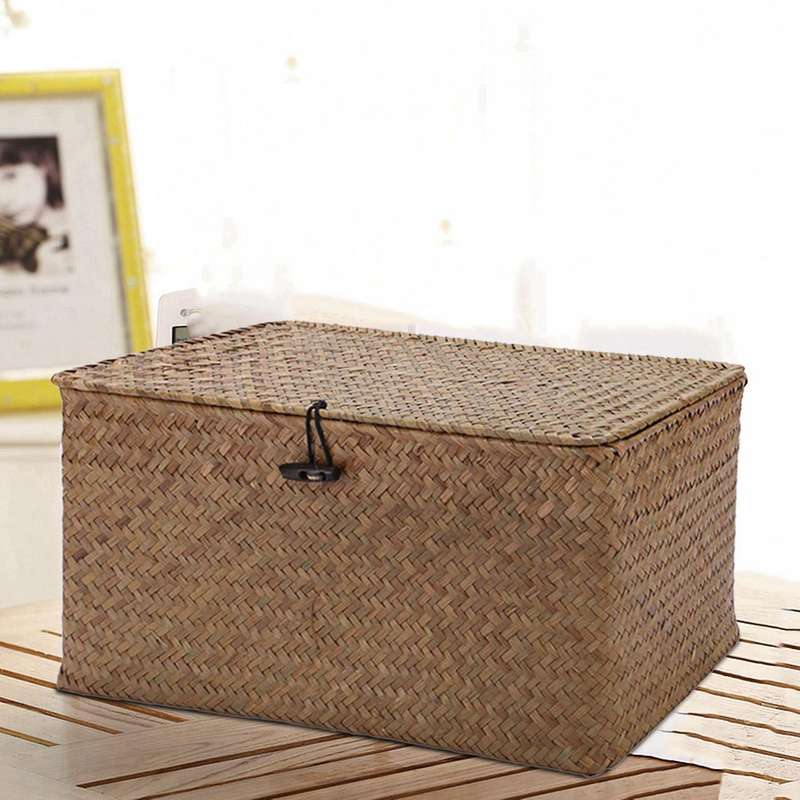 2x Handmade Straw Woven Storage Basket with Lid Seagrass(m)