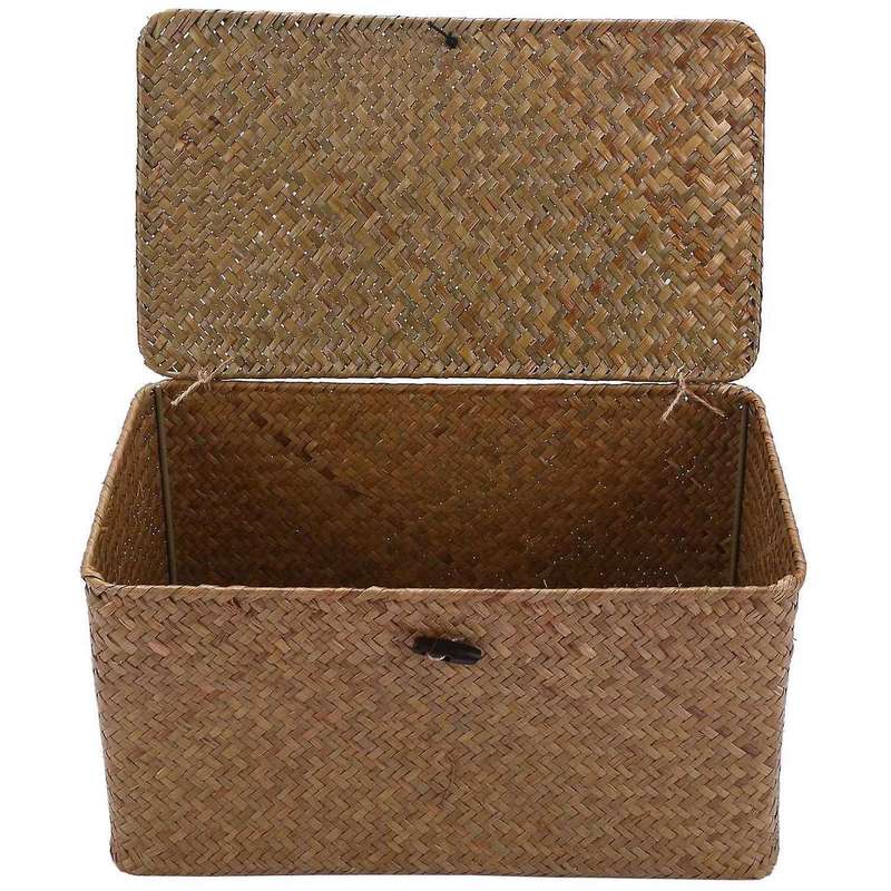 2x Handmade Straw Woven Storage Basket with Lid Seagrass(m)