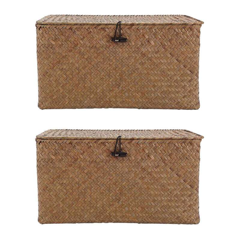 2x Handmade Straw Woven Storage Basket with Lid Seagrass(m)