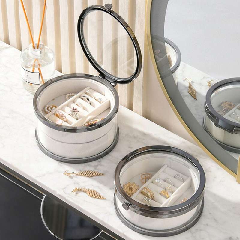 Round Gray Single-layer Jewelry Storage Box Glass Dust-proof Box