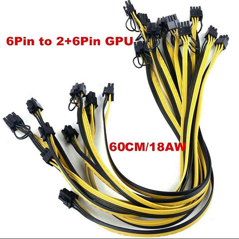 60cm 18awg Gpu Pcie 6pin Male to 8pin (6+2) Male Power Cable 12pcs