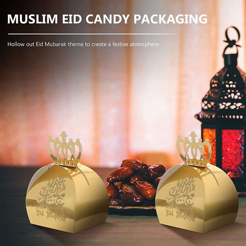 50pcs Eid Mubarak Candy Box with Crown Paper for Muslim Party -silver