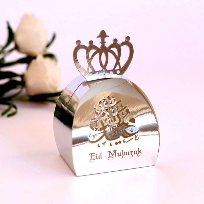 50pcs Eid Mubarak Candy Box with Crown Paper for Muslim Party -silver