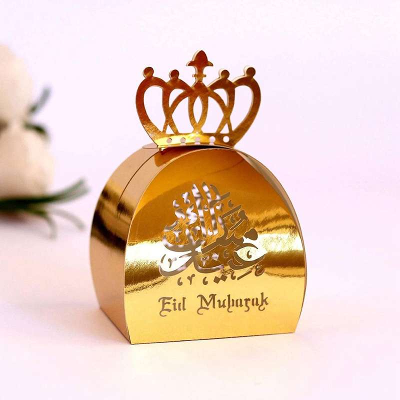 50pcs Eid Mubarak Candy Box with Crown Paper for Muslim Party -silver