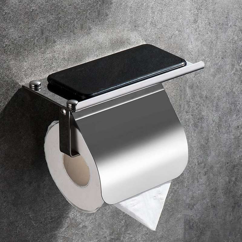 Modern Stainless Steel Wall Mount Paper Holder with Phone Shelf