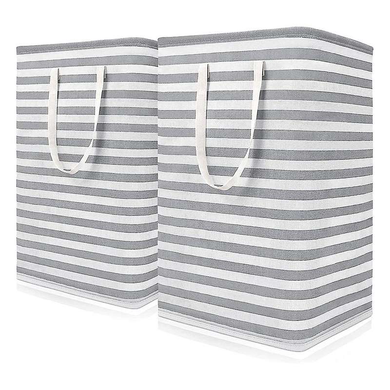 2pcs 75l Grey Stripe Laundry Basket Collapsible Freestanding Laundry