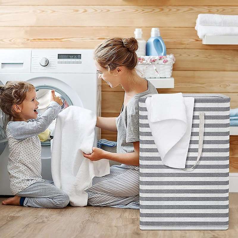 2pcs 75l Grey Stripe Laundry Basket Collapsible Freestanding Laundry