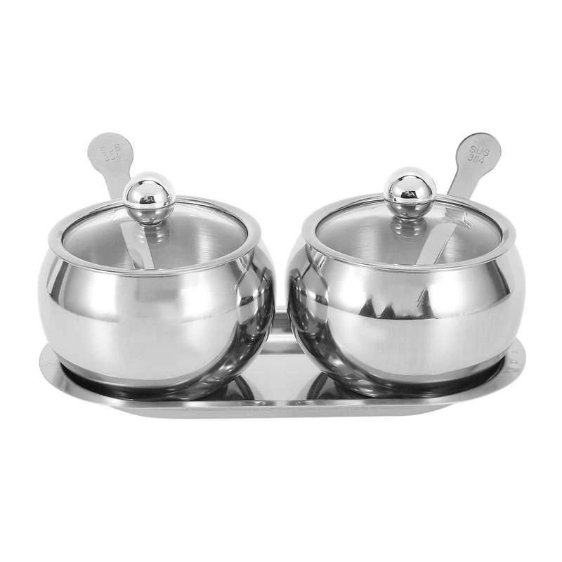 Sugar Bowl with Lid and Spoon,2 Stainless Steel Spice Jars Set,silver
