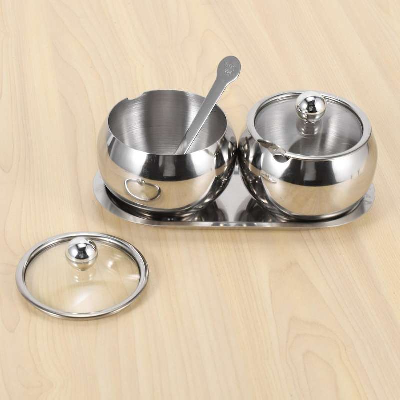 Sugar Bowl with Lid and Spoon,2 Stainless Steel Spice Jars Set,silver