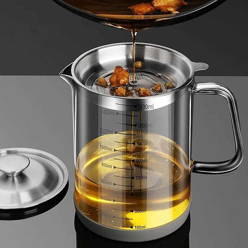 Transparent Glass Oil Filter Pot with Scale Kitchen Oil Separator A