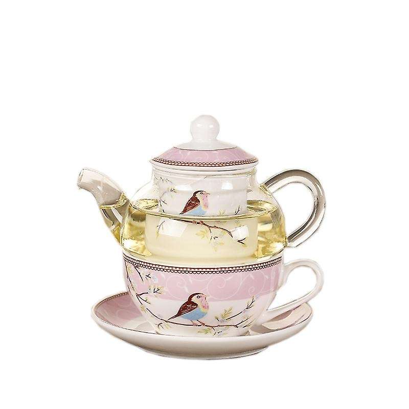 Ceramic Flower Teapot Flower Bird Cup Saucer Glass Pot Set Pink