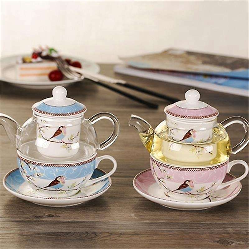 Ceramic Flower Teapot Flower Bird Cup Saucer Glass Pot Set Pink