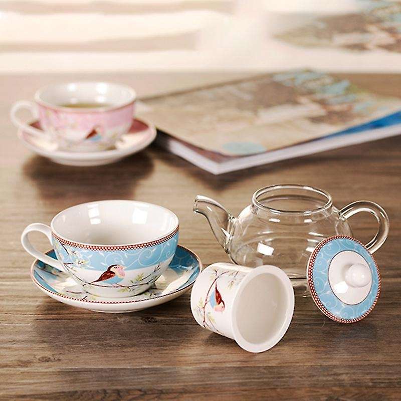Ceramic Flower Teapot Flower Bird Cup Saucer Glass Pot Set Pink