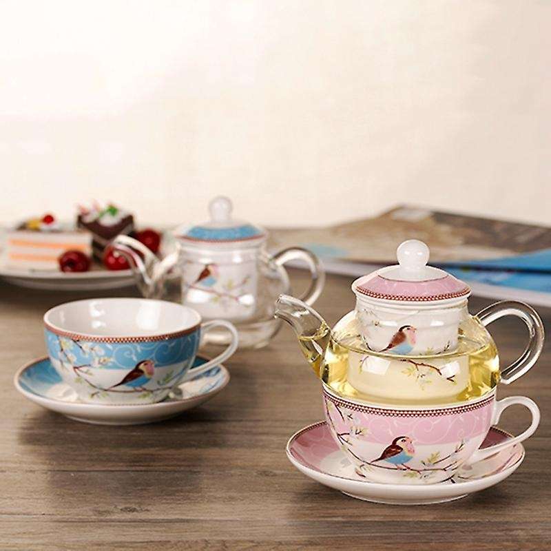 Ceramic Flower Teapot Flower Bird Cup Saucer Glass Pot Set Pink