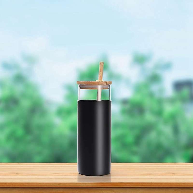 Glass Tumbler with Bamboo Lid, Straw (16oz), 2-piece,(white & Black)