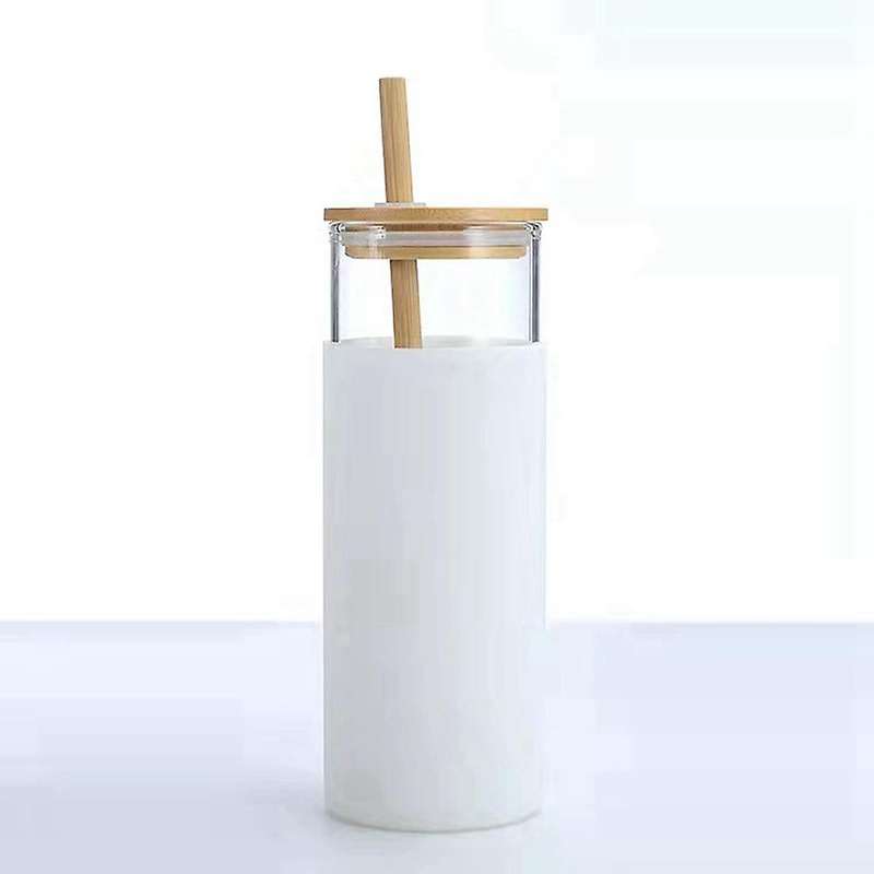Glass Tumbler with Bamboo Lid, Straw (16oz), 2-piece,(white & Black)