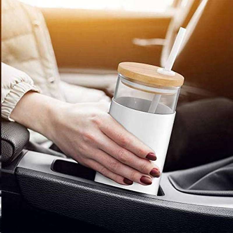 Glass Tumbler with Bamboo Lid, Straw (16oz), 2-piece,(white & Black)