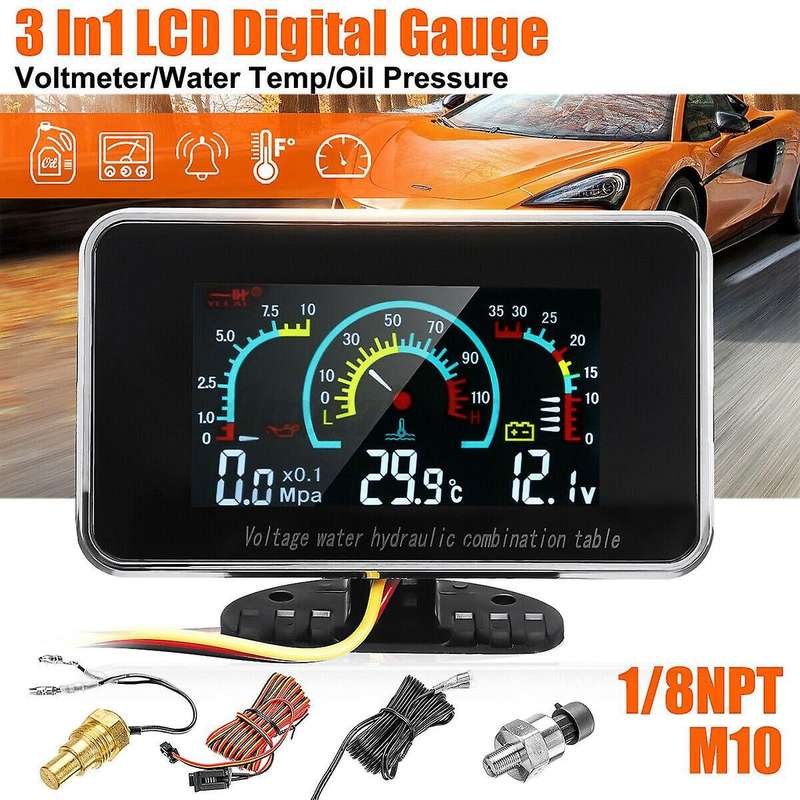 3 In1 Lcd Car Digital Gauge Voltmeter/oil Pressure/water Temp 12-24v