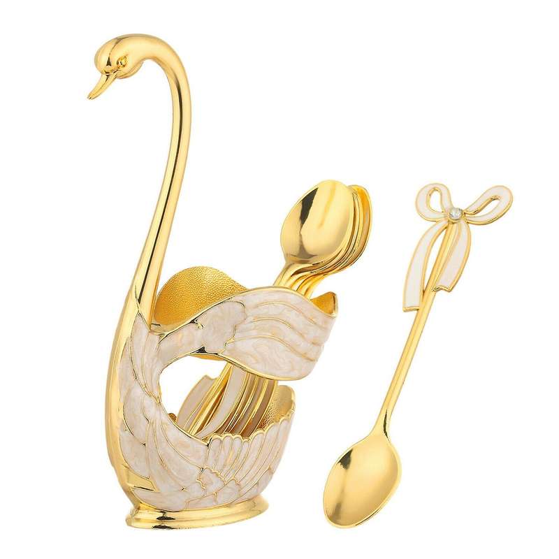 Metal Flatware Swan Base Holder with 6pcs Dessert Spoon Gold