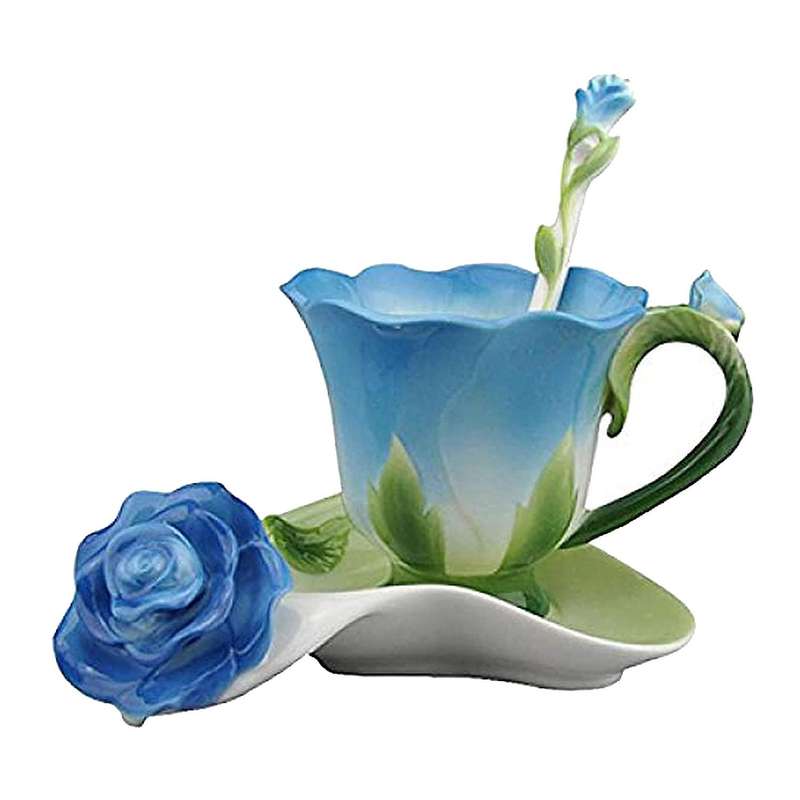 3d Rose Shape Flower Ceramic Coffee Tea Cup and Saucer Spoon -blue