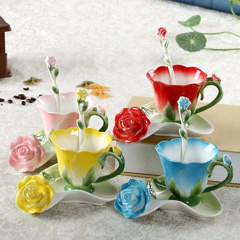 3d Rose Shape Flower Ceramic Coffee Tea Cup and Saucer Spoon -blue