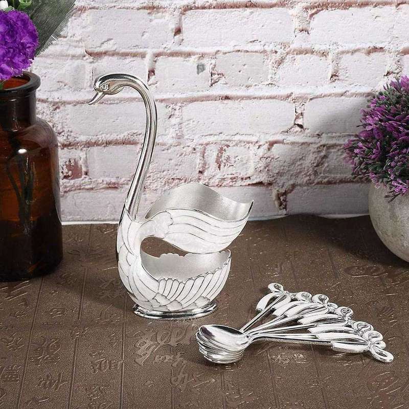 Metal Flatware Swan Base Holder with 6pcs Dessert Spoon Silver