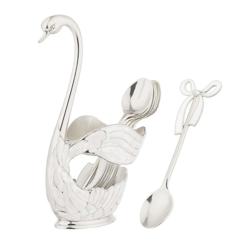 Metal Flatware Swan Base Holder with 6pcs Dessert Spoon Silver